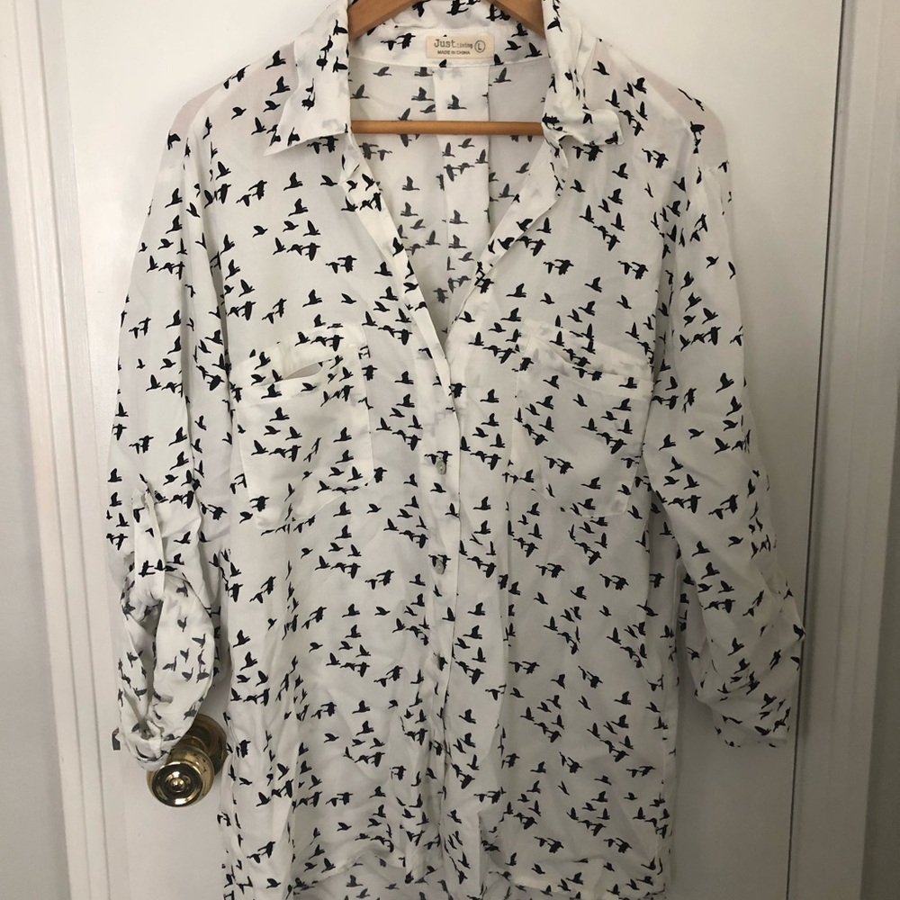 white button up with black bird pattern